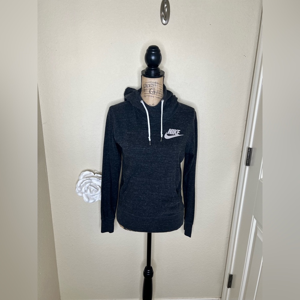 Nike Gym Hoodie Medium Charcoal Gray Funnel Neck Pullover Swoosh Sweatshirt